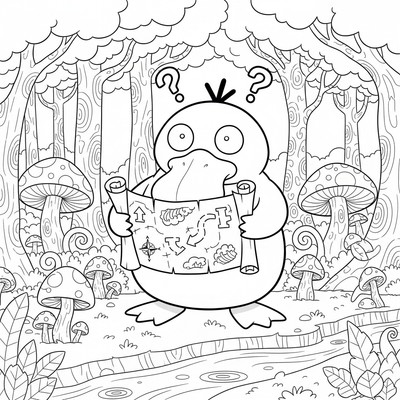 Psyduck håller en karta upp och ner i skogen