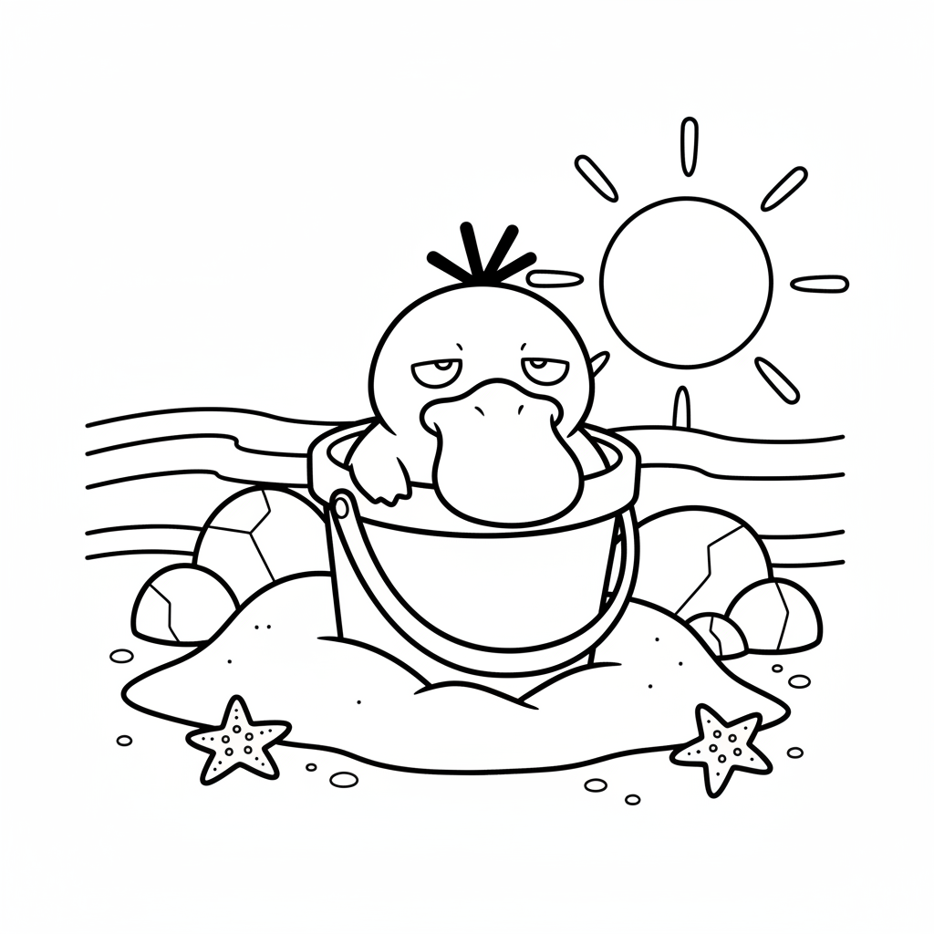 Psyduck gömmer sig i en hink på stranden