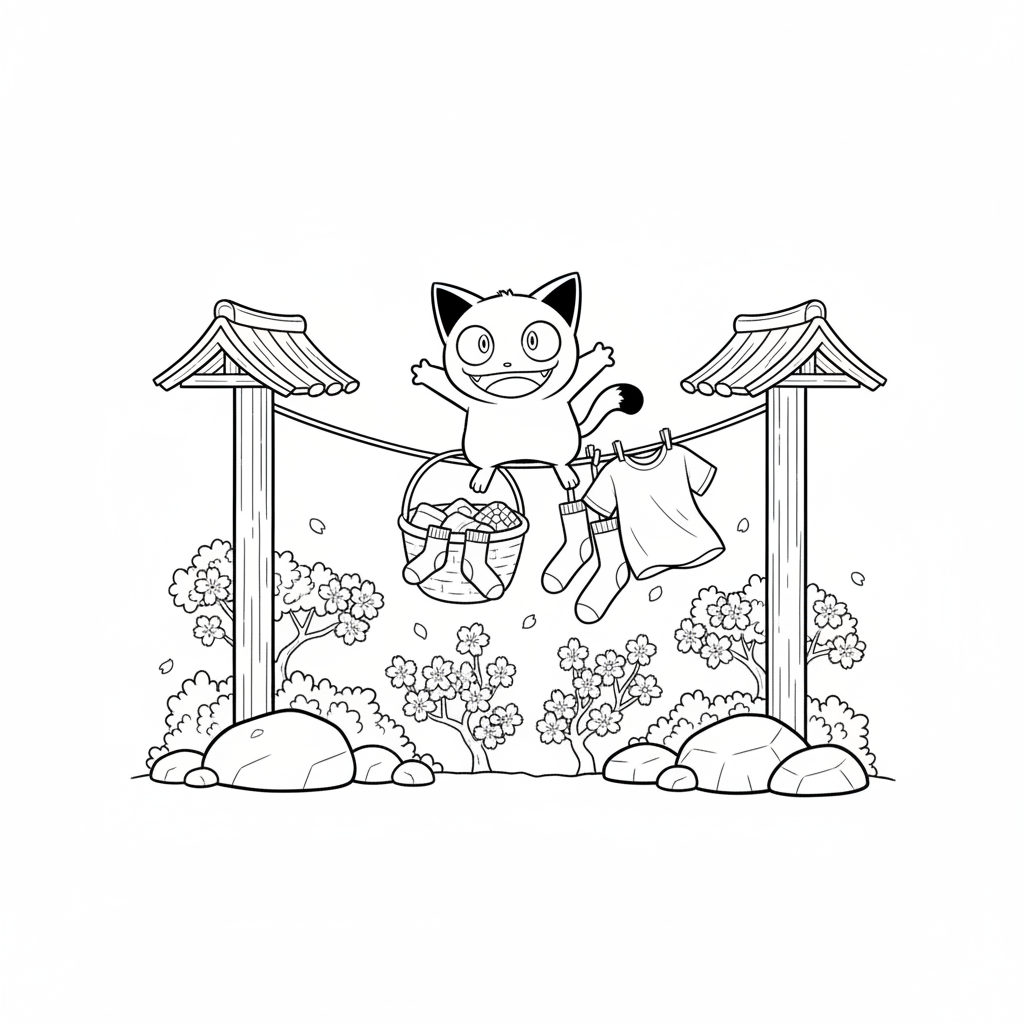 Meowth balanserar på en tvättlina