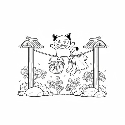 Meowth balanserar på en tvättlina