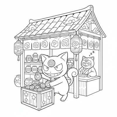 Meowth stjäl mynt från en marknadsbod