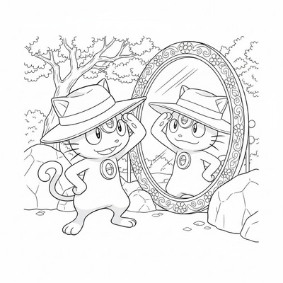 Meowth poserar framför en spegel med hatt