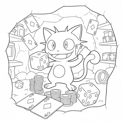 Meowth står i en spelhåla med kort och tärningar