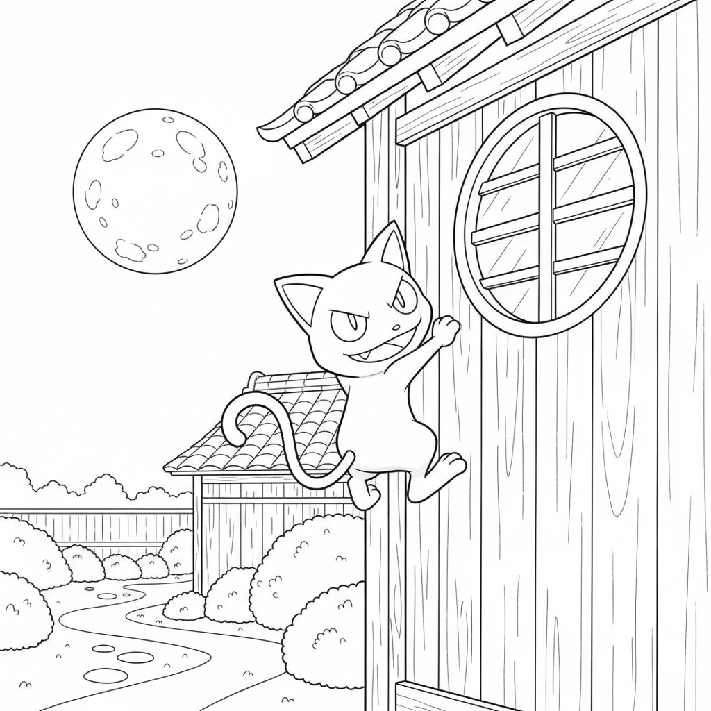 Meowth klättrar på en husfasad i månljus