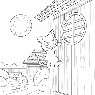 Meowth klättrar på en husfasad i månljus