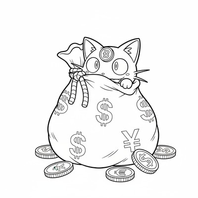 Meowth gömmer sig i en pengasäck