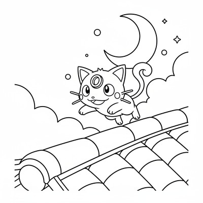 Meowth hoppar upp på ett tak i kvällsljus