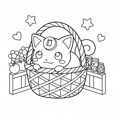 Meowth vilar i en korg på en marknad