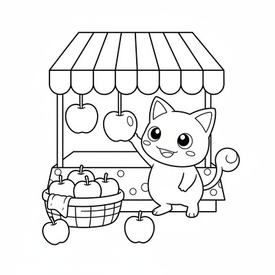 Meowth plockar äpplen från ett stånd