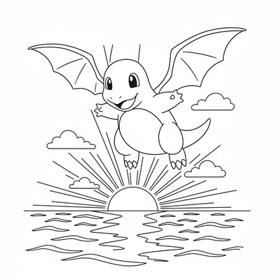 Dragonite flyger över havet i solnedgång