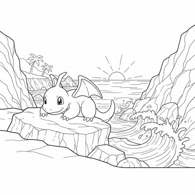 Dragonite vilar på en klippa vid kusten