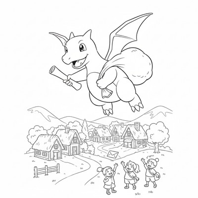 Dragonite levererar brev till en by