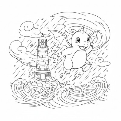 Dragonite flyger runt en fyr i stormen