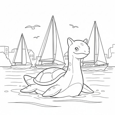 Lapras simmar vid en hamn med segelbåtar