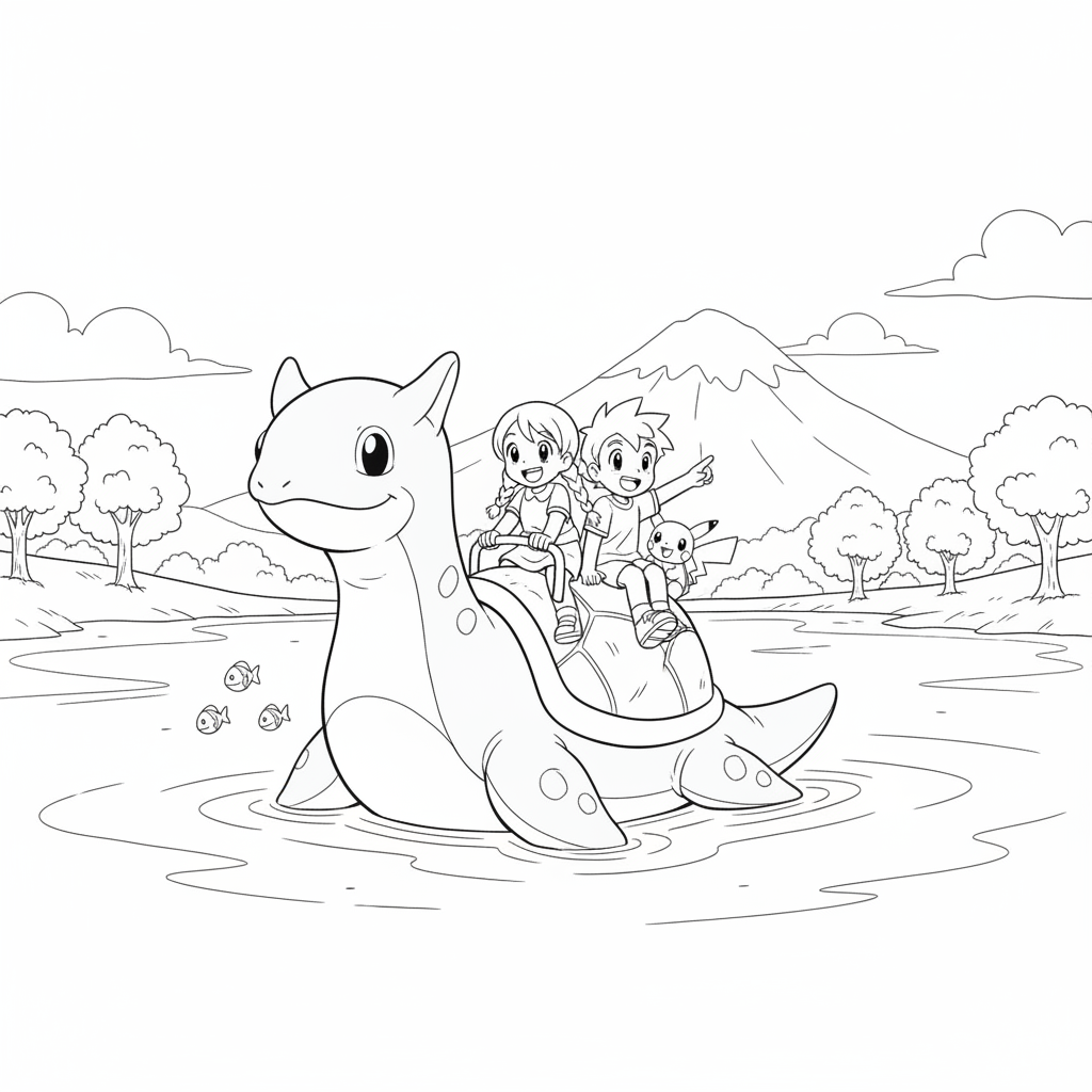 Lapras bär passagerare över en lugn sjö
