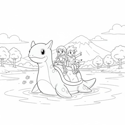 Lapras bär passagerare över en lugn sjö