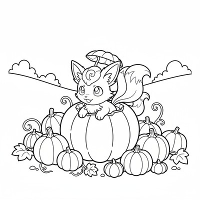 Vulpix gömmer sig i en pumpaodling