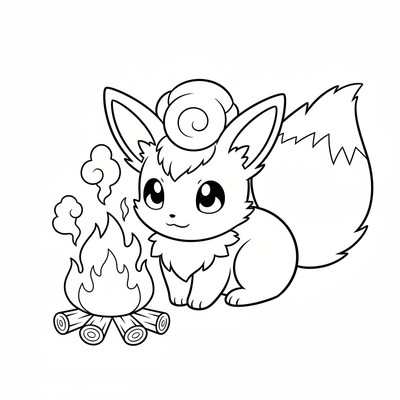 Vulpix värmer sig framför en liten brasa