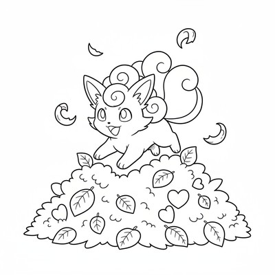 Vulpix leker i en hög av höstlöv