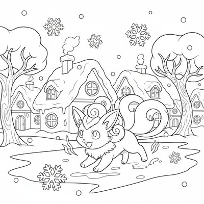 Vulpix springer genom en vinterby och smälter snön