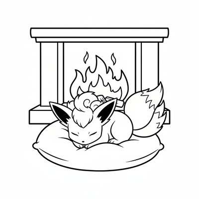 Vulpix sover på en kudde framför elden
