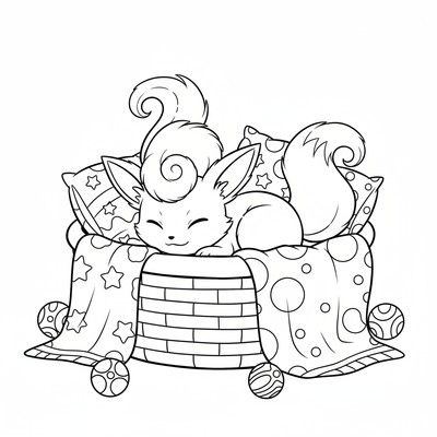 Vulpix vilar i en korg med filtar