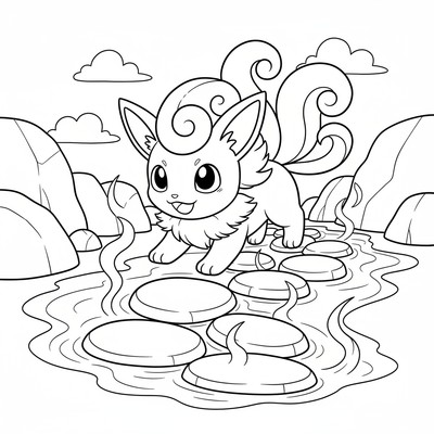 Vulpix hoppar över stenar vid en varm källa