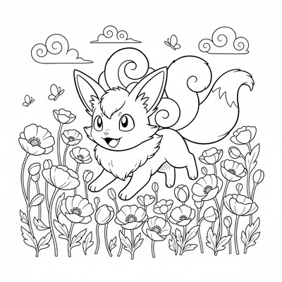 Vulpix springer genom ett fält av vallmo