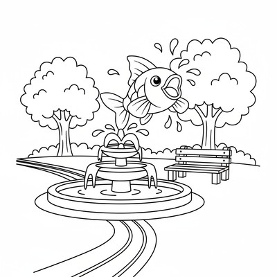 Magikarp sprattlar i en fontän i parken