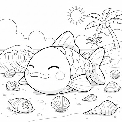 Magikarp ligger på stranden bland snäckor