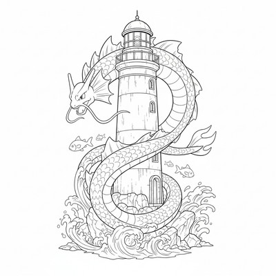 Gyarados simmar runt en gammal fyr