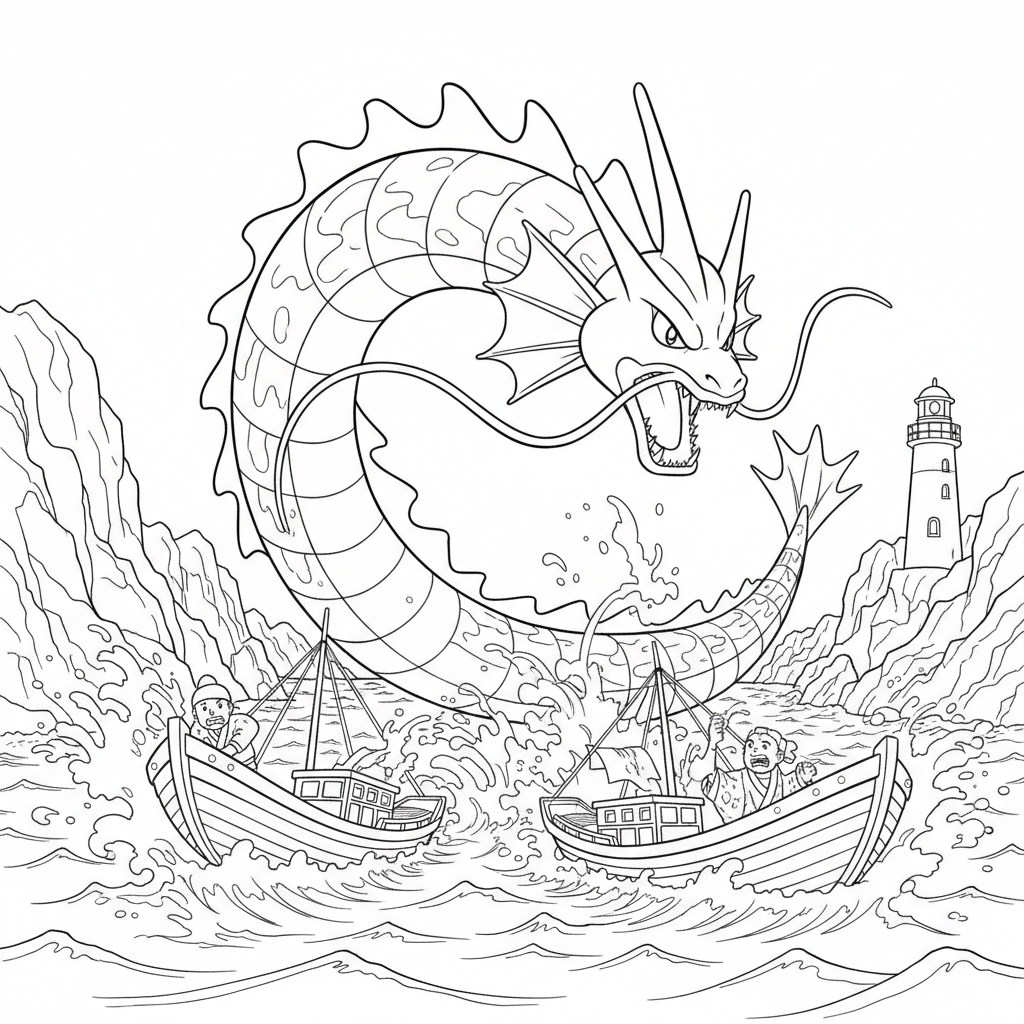 Gyarados jagar fiskebåtar vid kusten