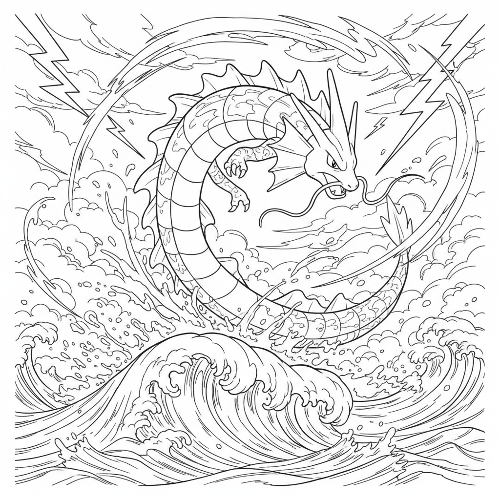 Gyarados hoppar genom vågor i stormvindar
