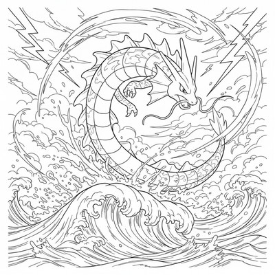 Gyarados hoppar genom vågor i stormvindar