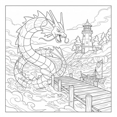 Gyarados dyker upp nära en pir i dimma