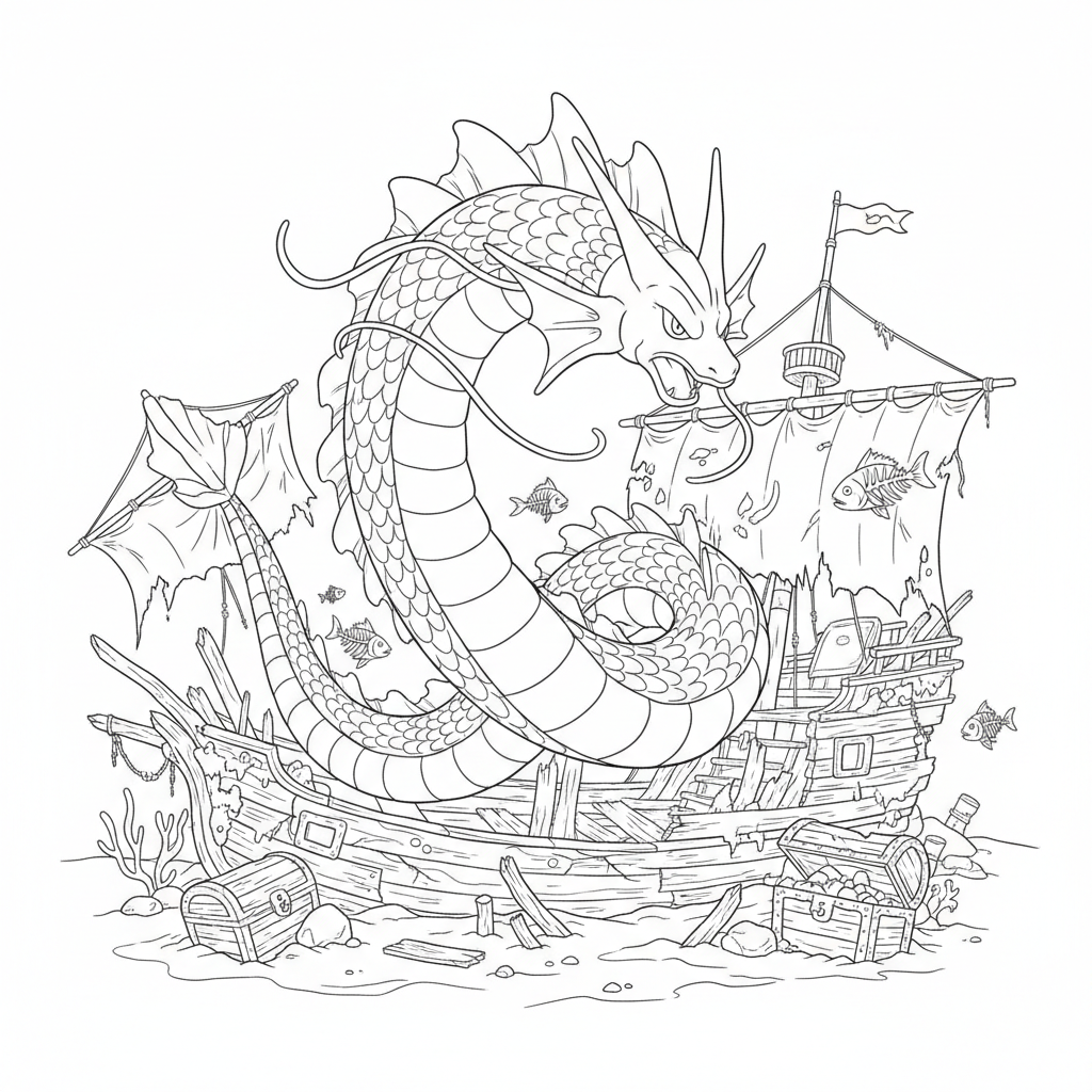 Gyarados simmar runt ett sjunket skepp