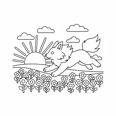 Arcanine springer genom en blomsteräng i soluppgång