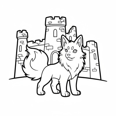 Arcanine poserar framför en gammal borg