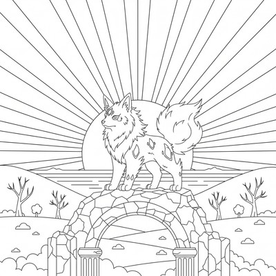 Arcanine står på en ruin i kvällssolen