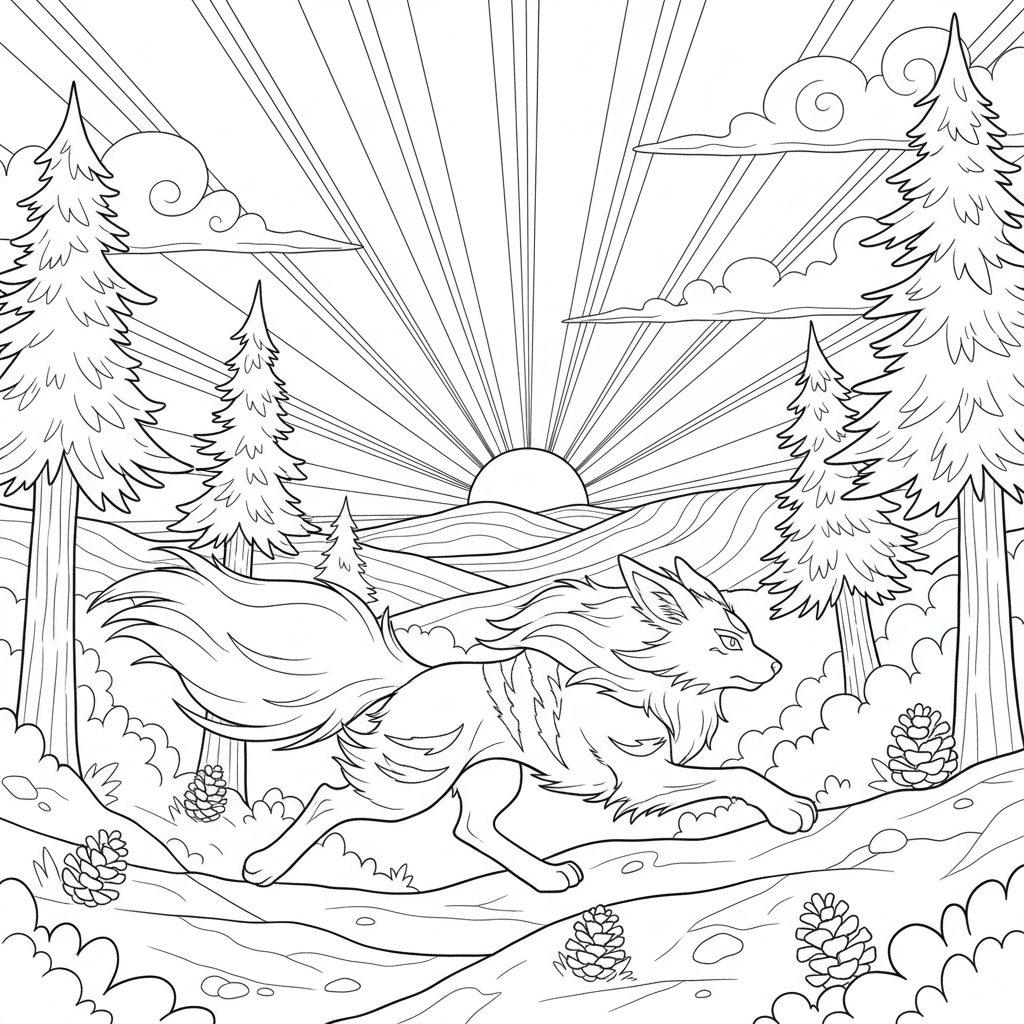 Arcanine springer genom en barrskog i gryning