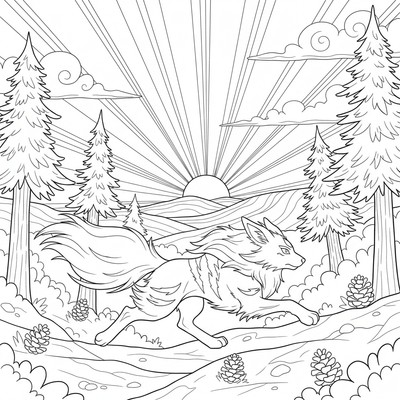 Arcanine springer genom en barrskog i gryning