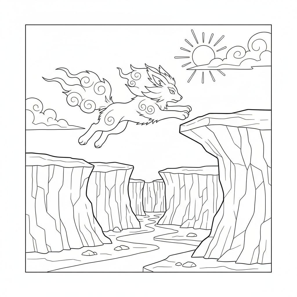 Arcanine hoppar mellan klippor i en canyon
