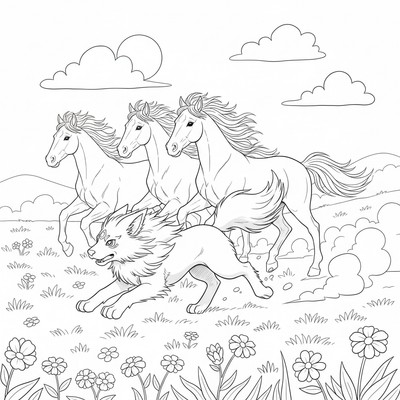 Arcanine springer ikapp med hästar på en äng