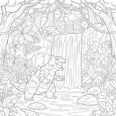 Tyranitar står vid ett vattenfall i djungel