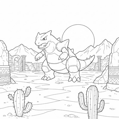 Tyranitar vandrar genom en öken med ruiner