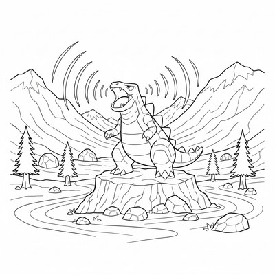 Tyranitar brölar i en dalgång som ekar