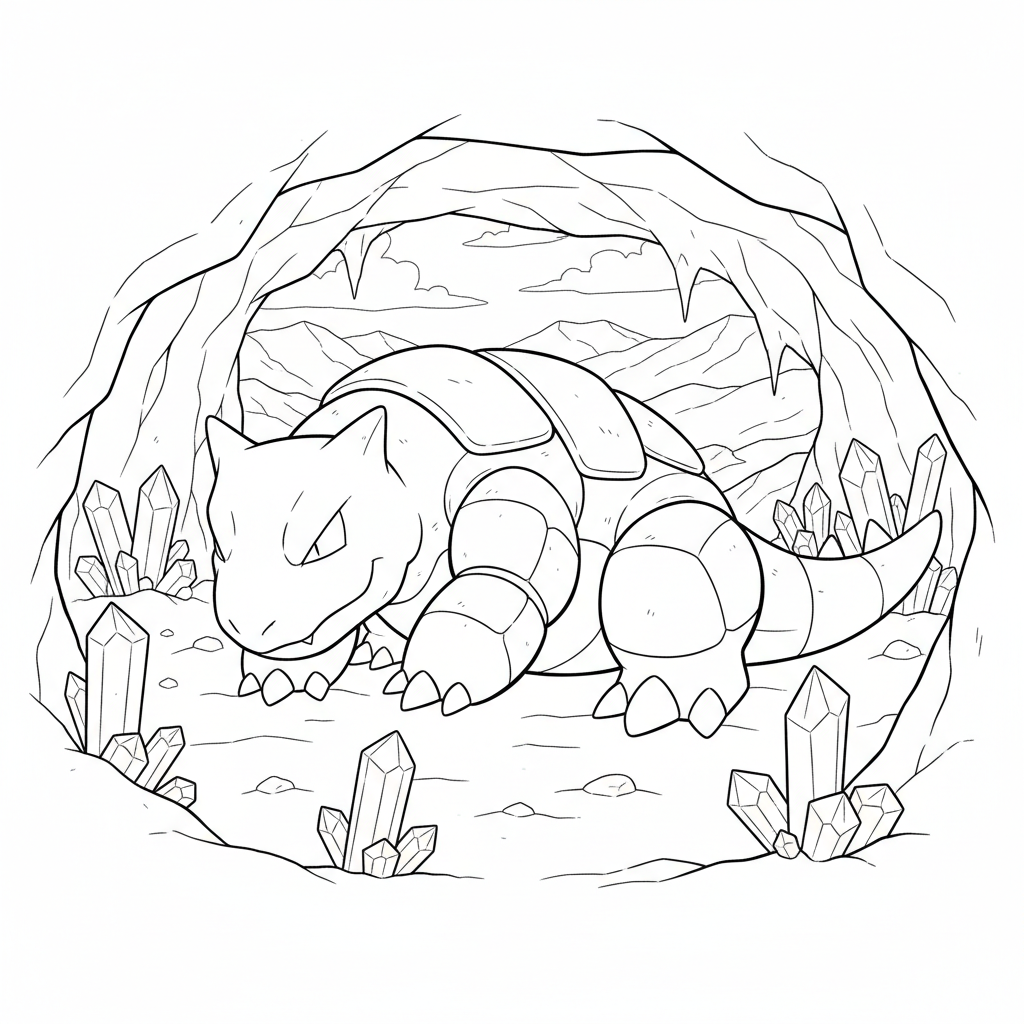 Tyranitar vilar i en grotta med kristaller