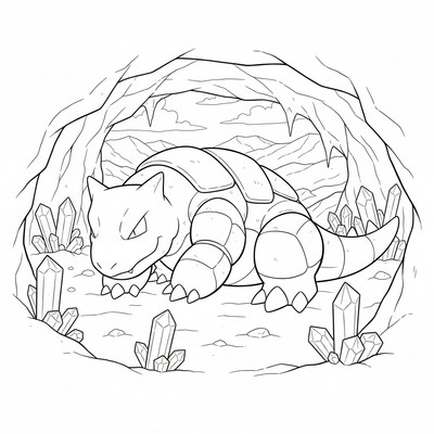 Tyranitar vilar i en grotta med kristaller