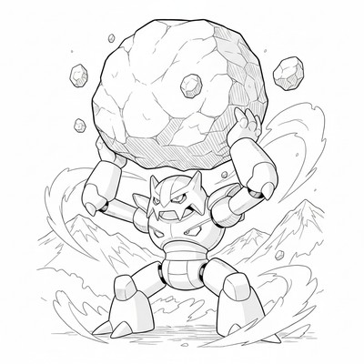 Metagross lyfter ett stort stenblock