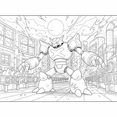 Metagross står i en fabrik med gnistor